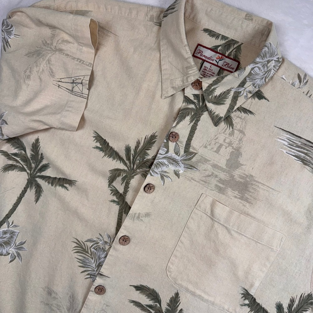 Paradise Blue Button Up Shirt Men Large Tan Silk Cotton Tropical Palm Sailboat